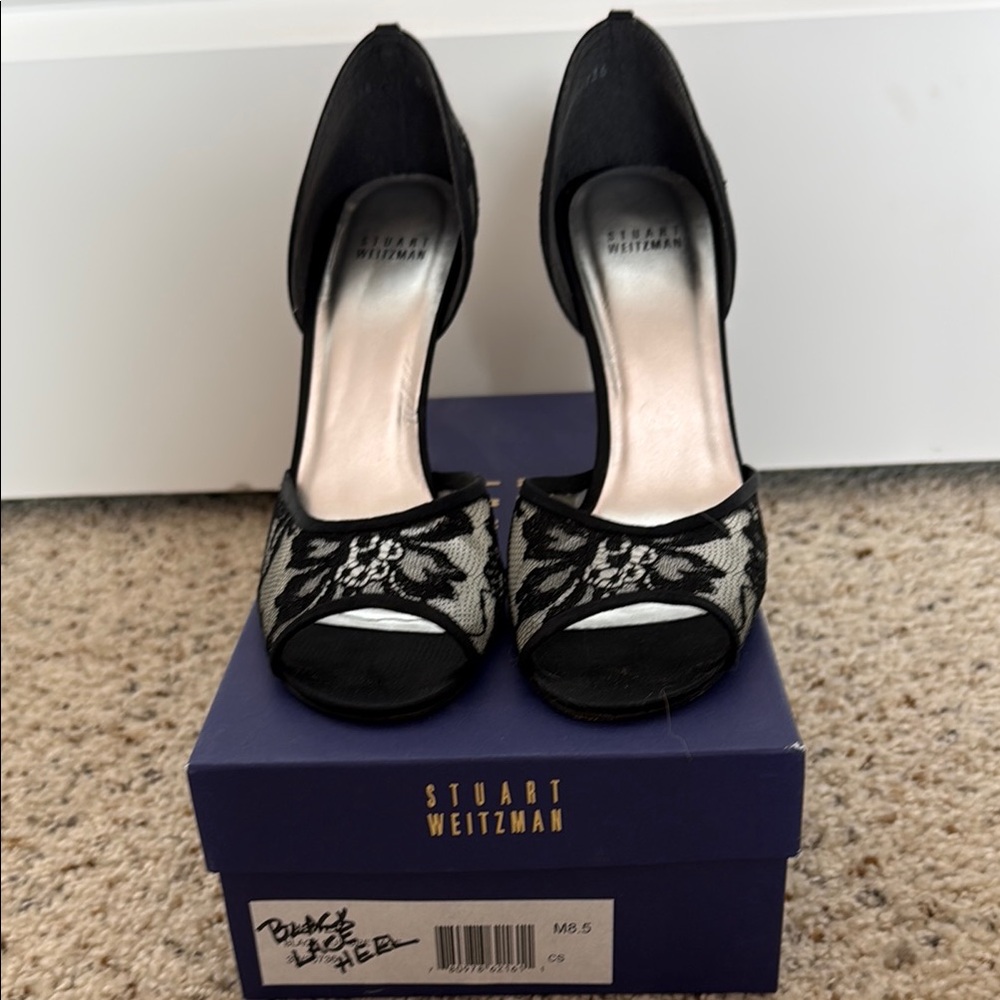 Stuart Weitzman Black Guipure Lace Open-Toe Pumps